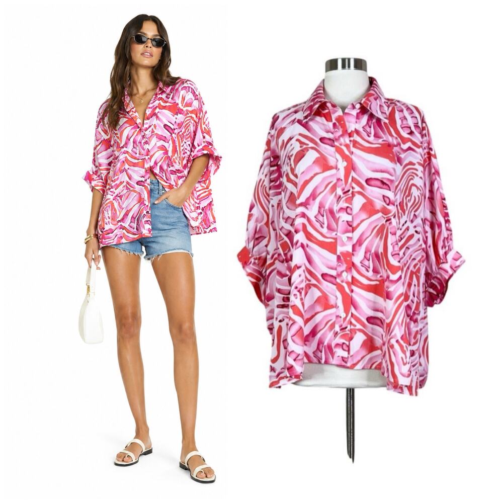 Entro | Abstract Zebra Pink Orange Stripe Oversized Short Sleeve Button Blouse
